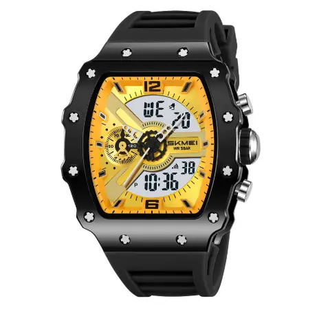 Multifunctional Mens Watch With Dual Displays Featuring A Stylish Barrel-shaped Case