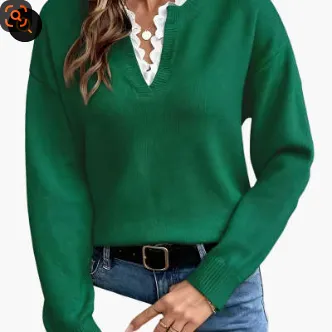 Elegant Casual V-neck Lace Commuting Thick Warm Sweater For Women Pullover Fashionable Solid Color Loose Sweater - Green