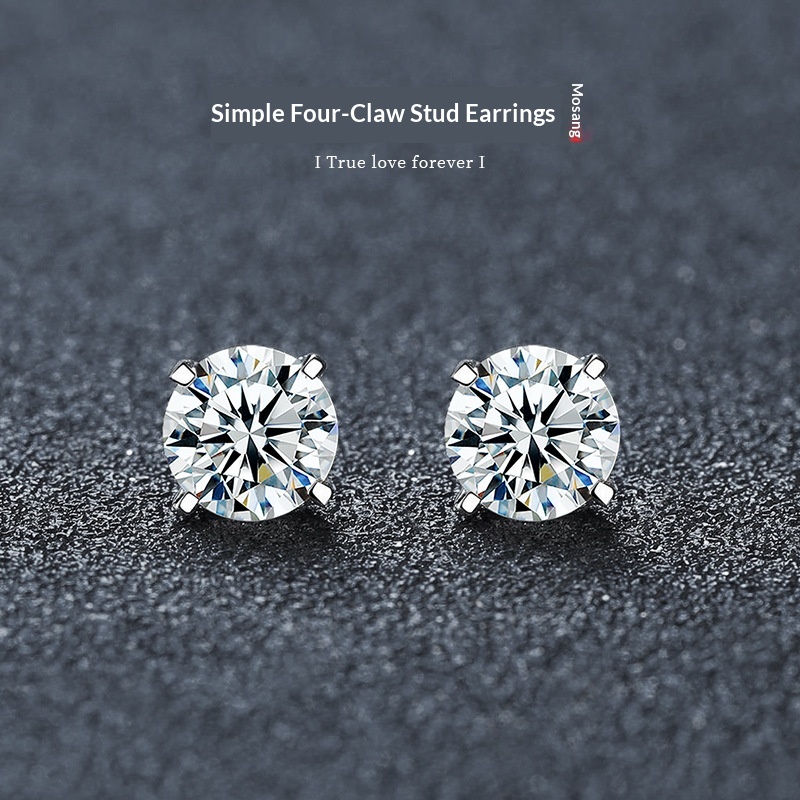 Classic Four Claw Moissanite Stud Simple And Stylish Sterling Silver GoldPlated Earrings