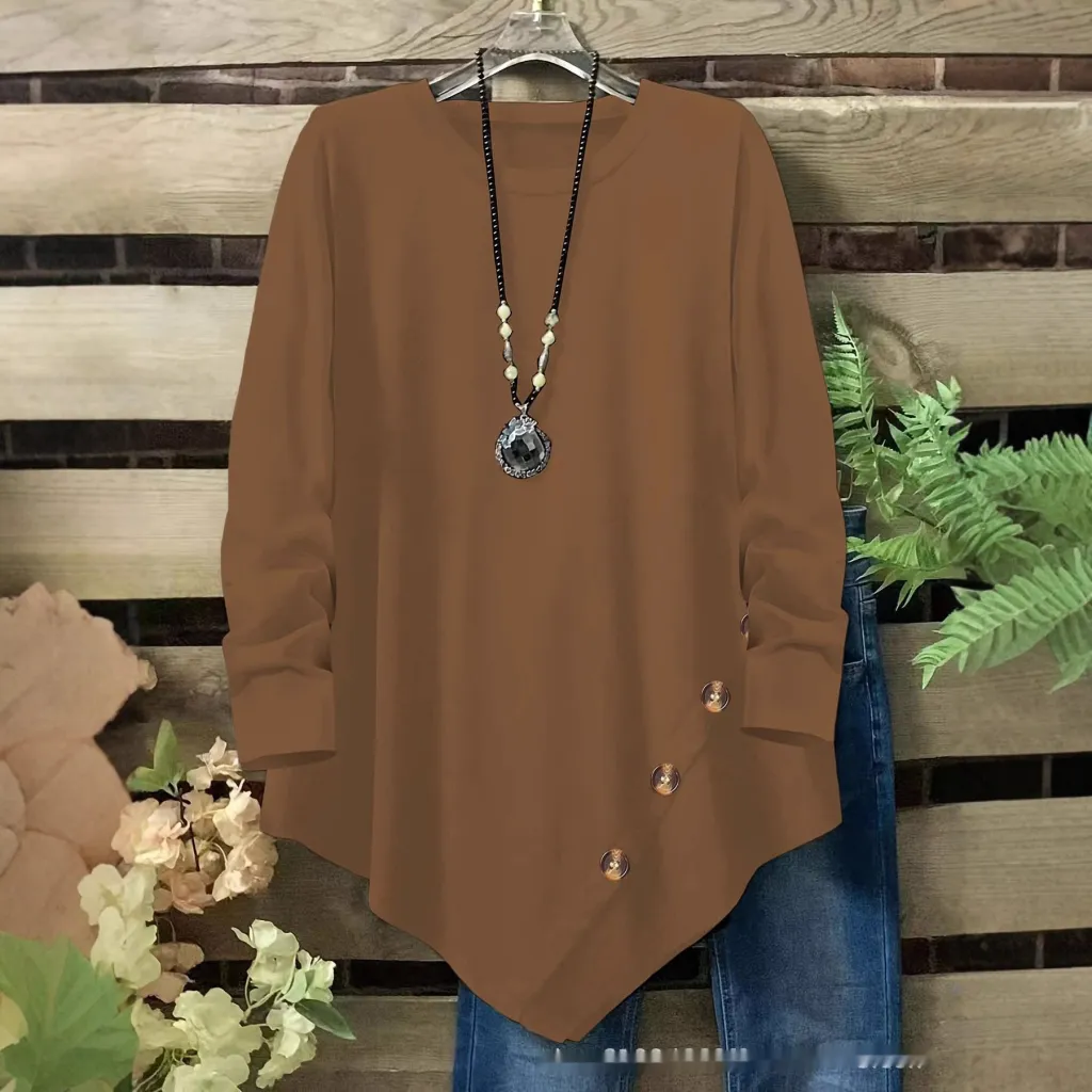 Long Sleeves With An Irregular Hem And Button Detailing - Brown