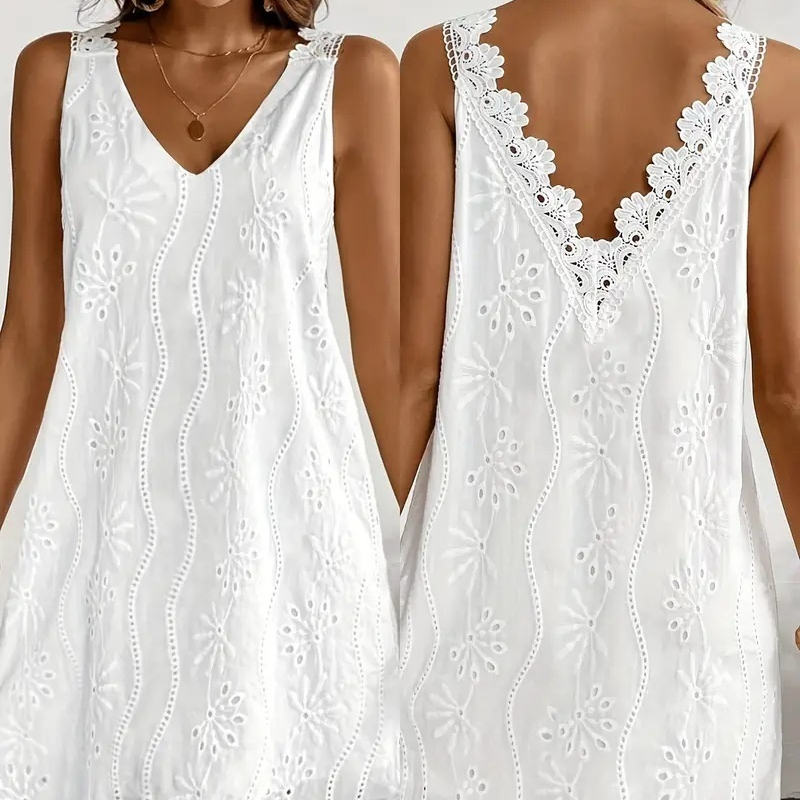 Solid-color V-neck Lace Sleeveless A-line Dress