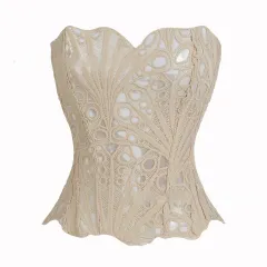 Hollowed-out Asymmetrical Lace Double-layer Corset - Apricot - View 1