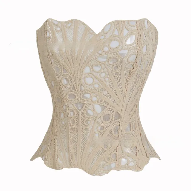 Hollowed out Asymmetrical Lace Double layer Corset Apricot - Shop at LoveMi