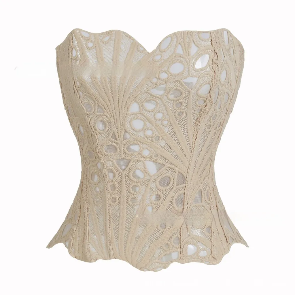 Hollowed-out Asymmetrical Lace Double-layer Corset - Apricot
