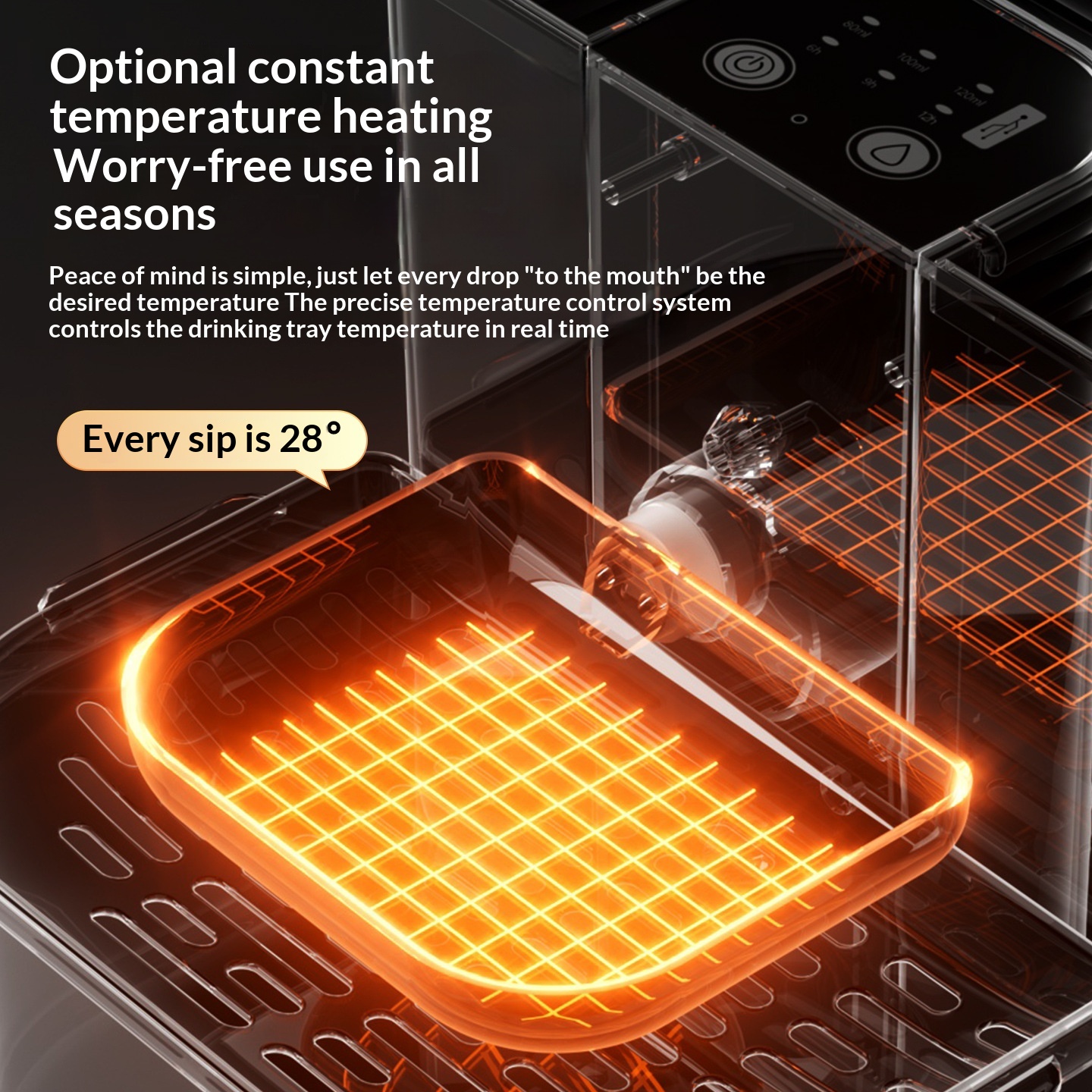 Thermostatically Controlled Plug-Free Pet Water Fountain With Automatic Tilting Feature Flowing Water