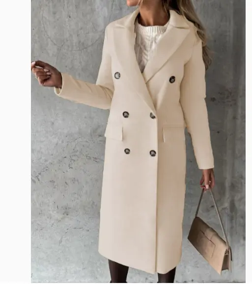 Double Breasted Lapel Coat Winter Fashion Solid Slim Long Jacket Long Sleeve