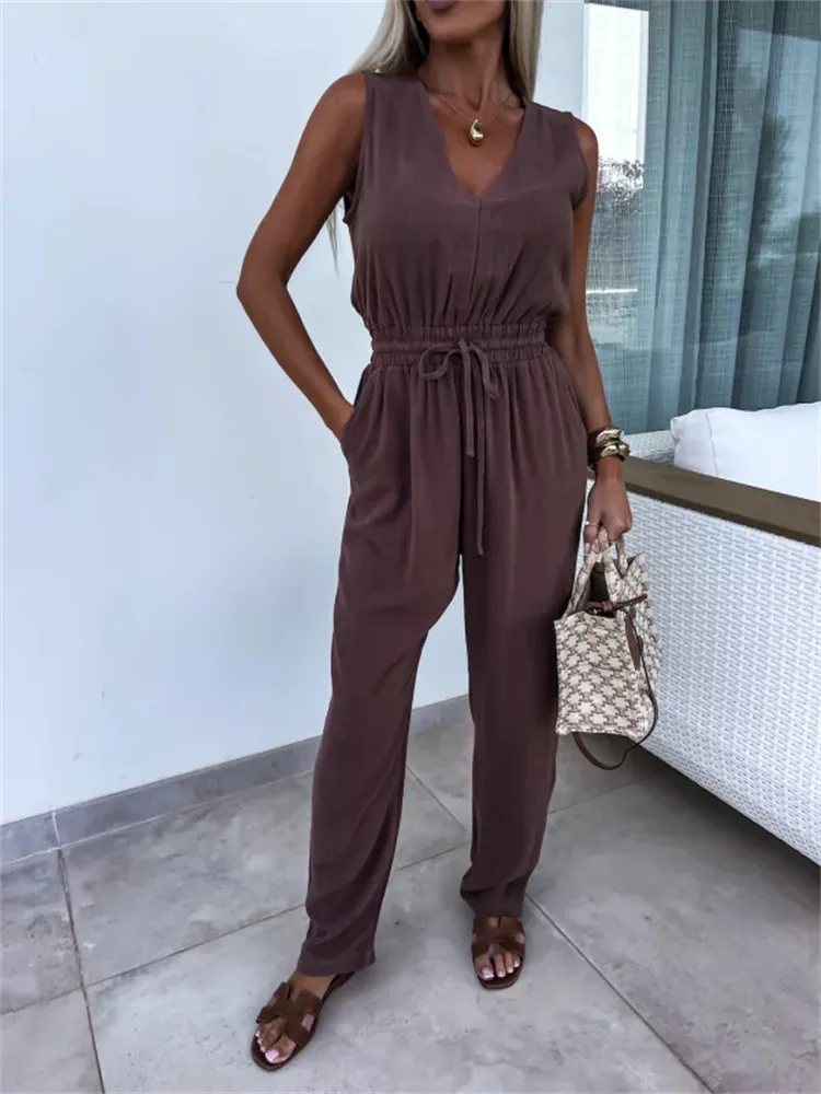 Womens Casua Elegant Solid-Colour High-Waisted Sleeveless Jumpsuit - Maroon