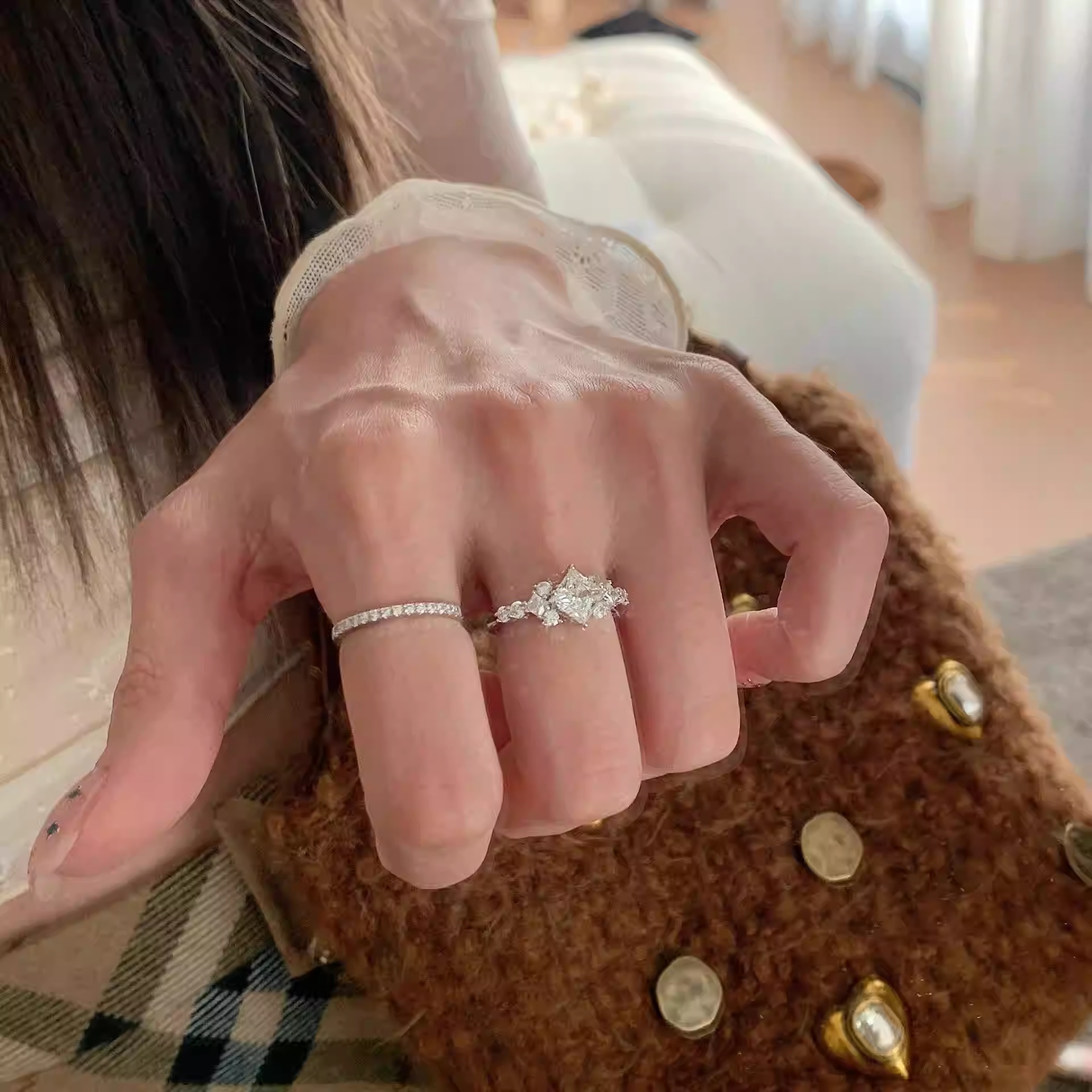 Simulated Diamond Rings Stacked Vintage-style Plain Band Small Diamond Rings