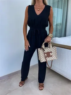 Womens Casua Elegant Solid-Color High-Waisted Sleeveless Jumpsuit - Black - View 1