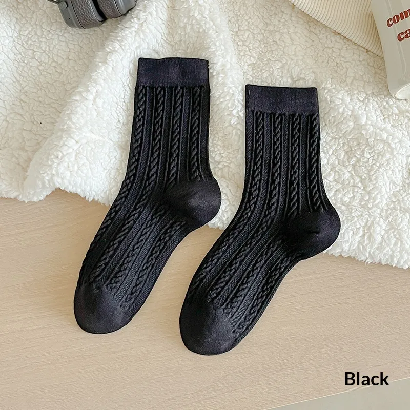 Womens Fleece-Lined Winter Cable-Knit Stockings - Black