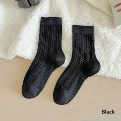 Womens Fleece-Lined Winter Cable-Knit Stockings - Black - View 1