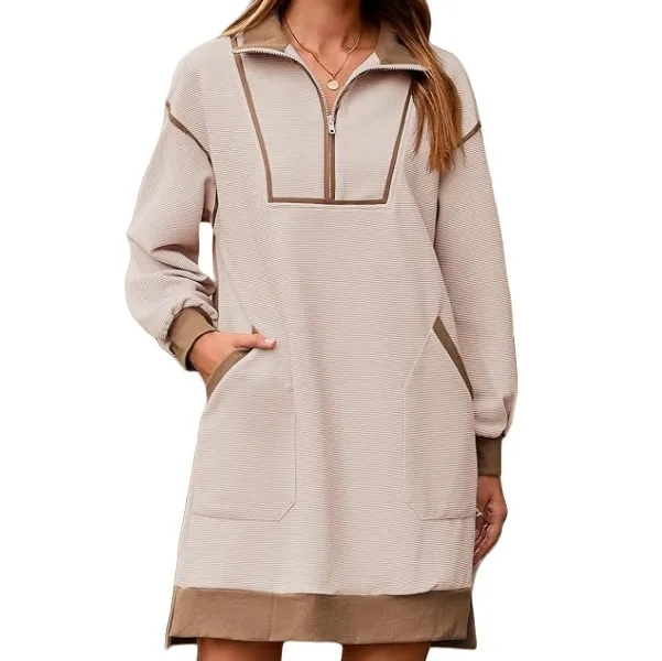 V-neck Long-sleeve Color-block Casual Mini Dress For Fall - Khaki