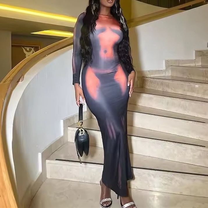 Sexy 3D Body Print Long Dress For Women 2 Styles Of Bodycon Skirts L - Shop at LoveMi