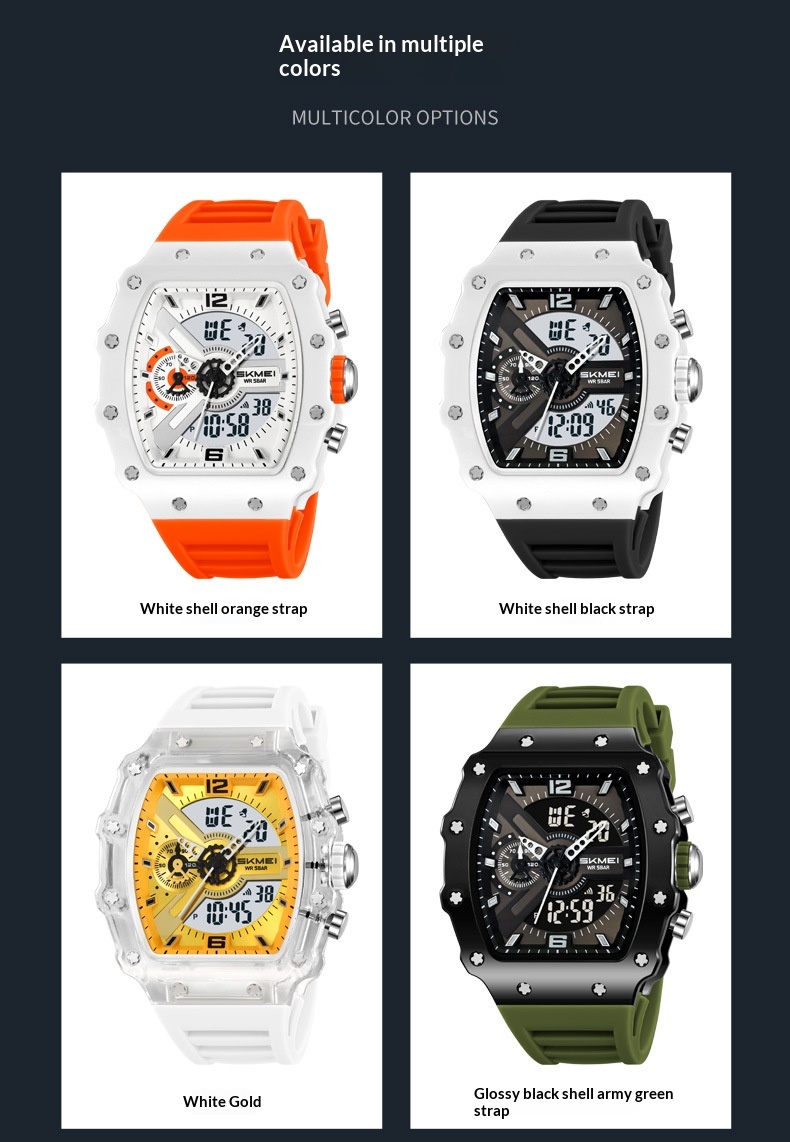 Side view of barrel-shaped multifunctional men’s watch with rubber strap Dual display men’s sports watch on wrist with barrel-shaped case