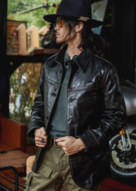 Mens Mid-Length Heavy-Duty Leather Jacket