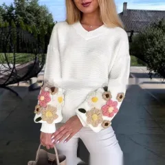 Elegant Knitted Sweater With Colourful Floral Design For Women - White - View 1