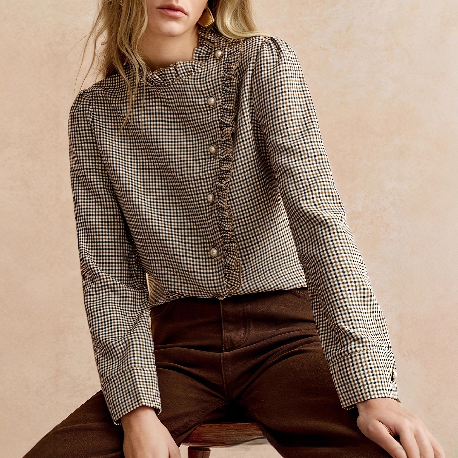 Houndstooth Ruffled Small Stand-up Collar Side-button-front Shirt