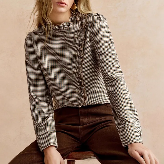 Houndstooth Ruffled Small Stand up Collar Side button front Shirt Khaki - Shop at LoveMi