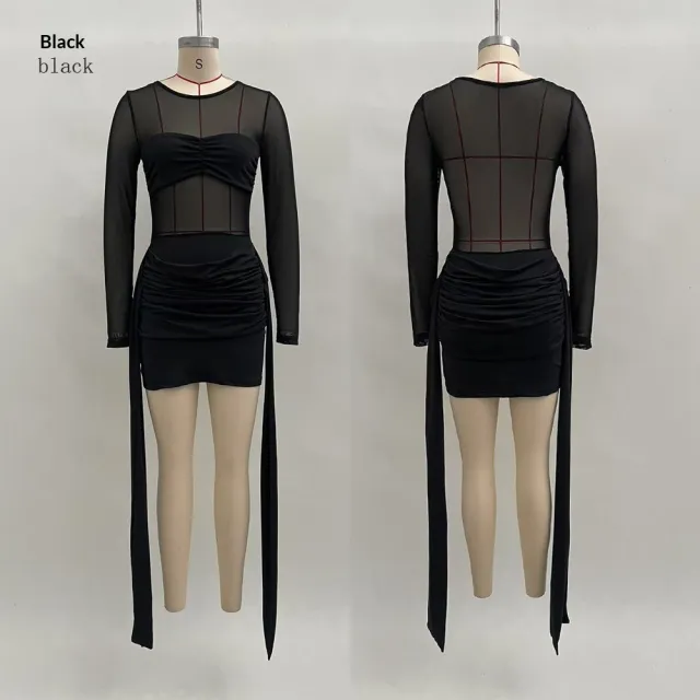 New Sexy Mesh panel Long sleeve Ribbon trimmed Mini Dress Black - Shop at LoveMi