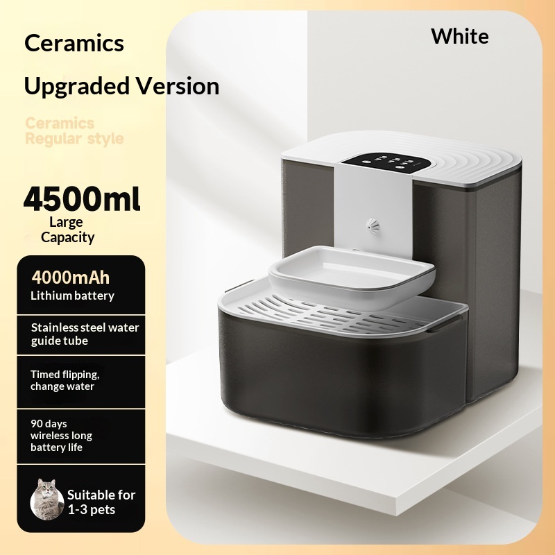 Thermostatically Controlled Plug-Free Pet Water Fountain With Automatic Tilting Feature Flowing Water