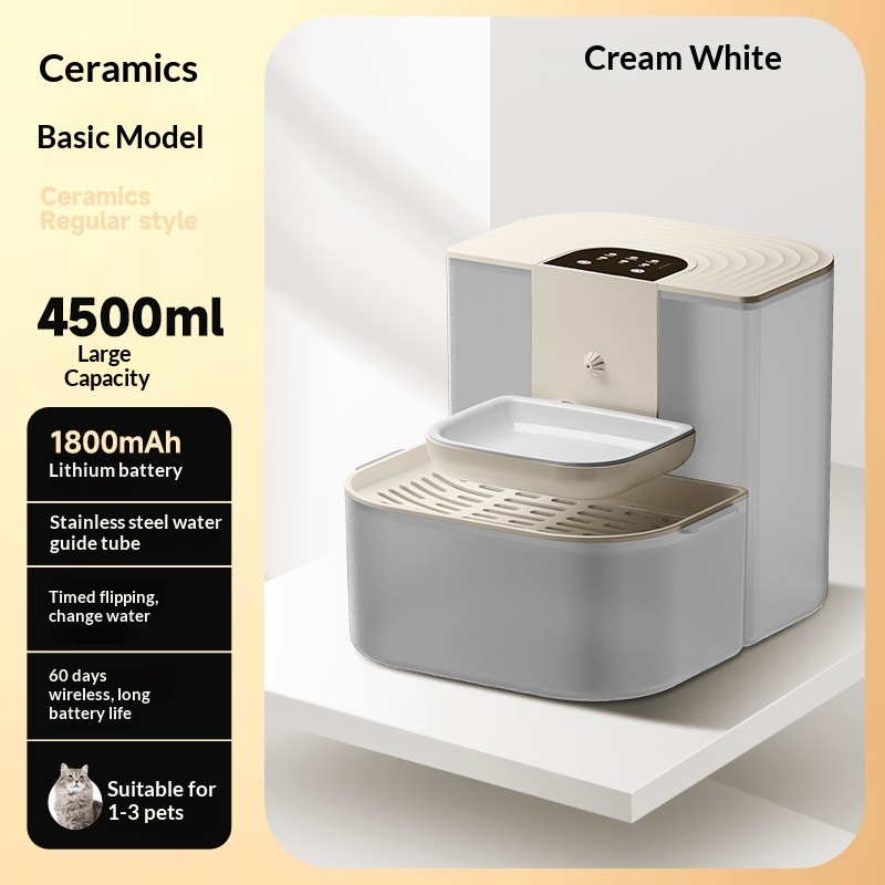 Thermostatically Controlled Plug-Free Pet Water Fountain With Automatic Tilting Feature Flowing Water