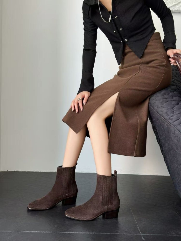 retro leather chunky heel boots women