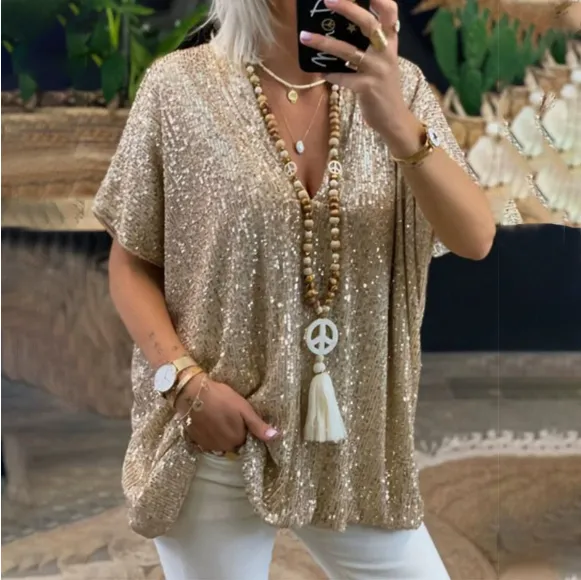 Women's Solid Color Sequin V neck Loose Short Sleeve Apricot - Shop at LoveMi