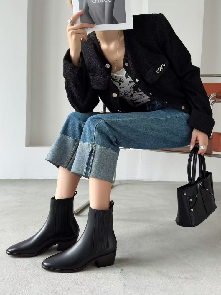 retro leather chunky heel boots women