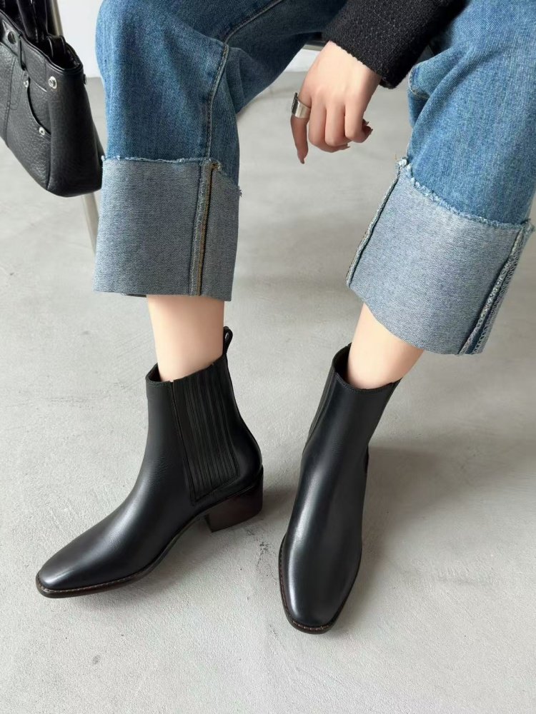 retro leather chunky heel boots women