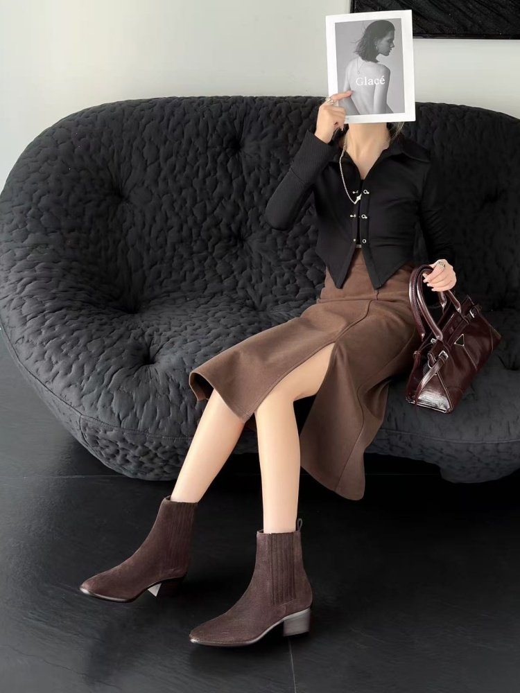 retro leather chunky heel boots women