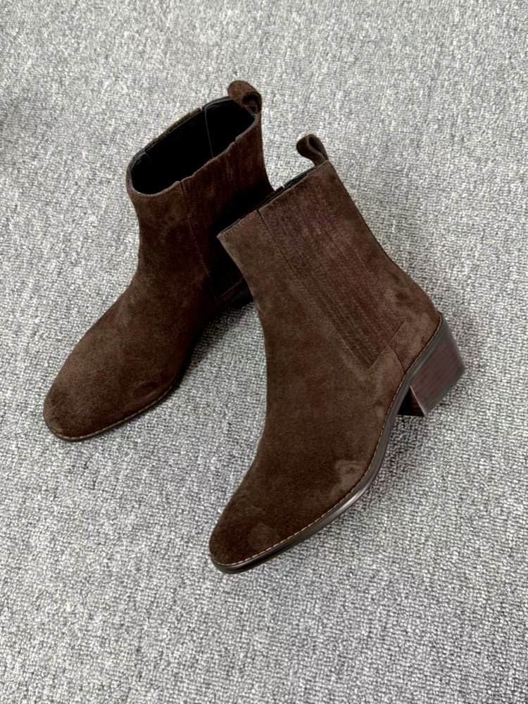retro leather chunky heel boots women