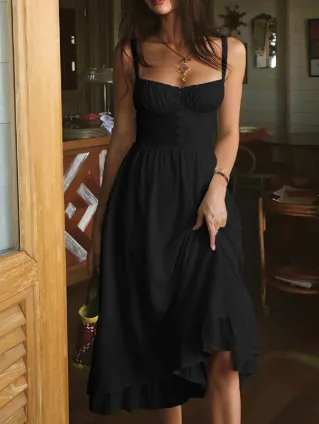 French Retro Dress Women's Sling Design - Black