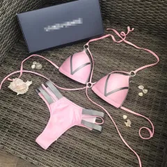 Europe and America Split Triangle Bikini - Pink - View 1