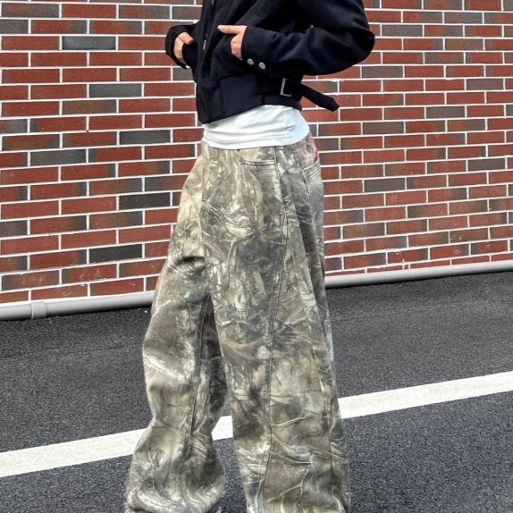 American-style Retro Letter-embroidered Branch Camouflage Casual Pants