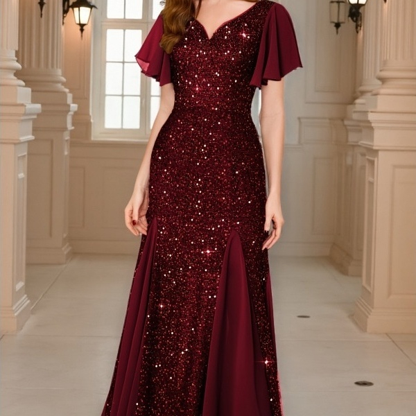 Womens Sparkly Sequin Heart-Neckline Puff-Sleeve Dress