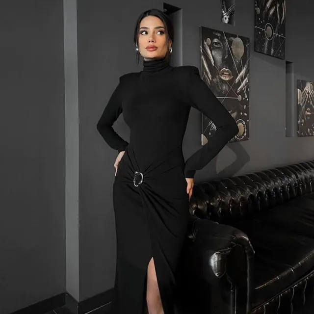 Womens Long sleeve Sexy High slit Bodycon Dress Black - Shop at LoveMi