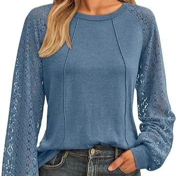Women's Lace Patchwork Round Neck Pleated Long Sleeve Top Blue - Shop at LoveMi