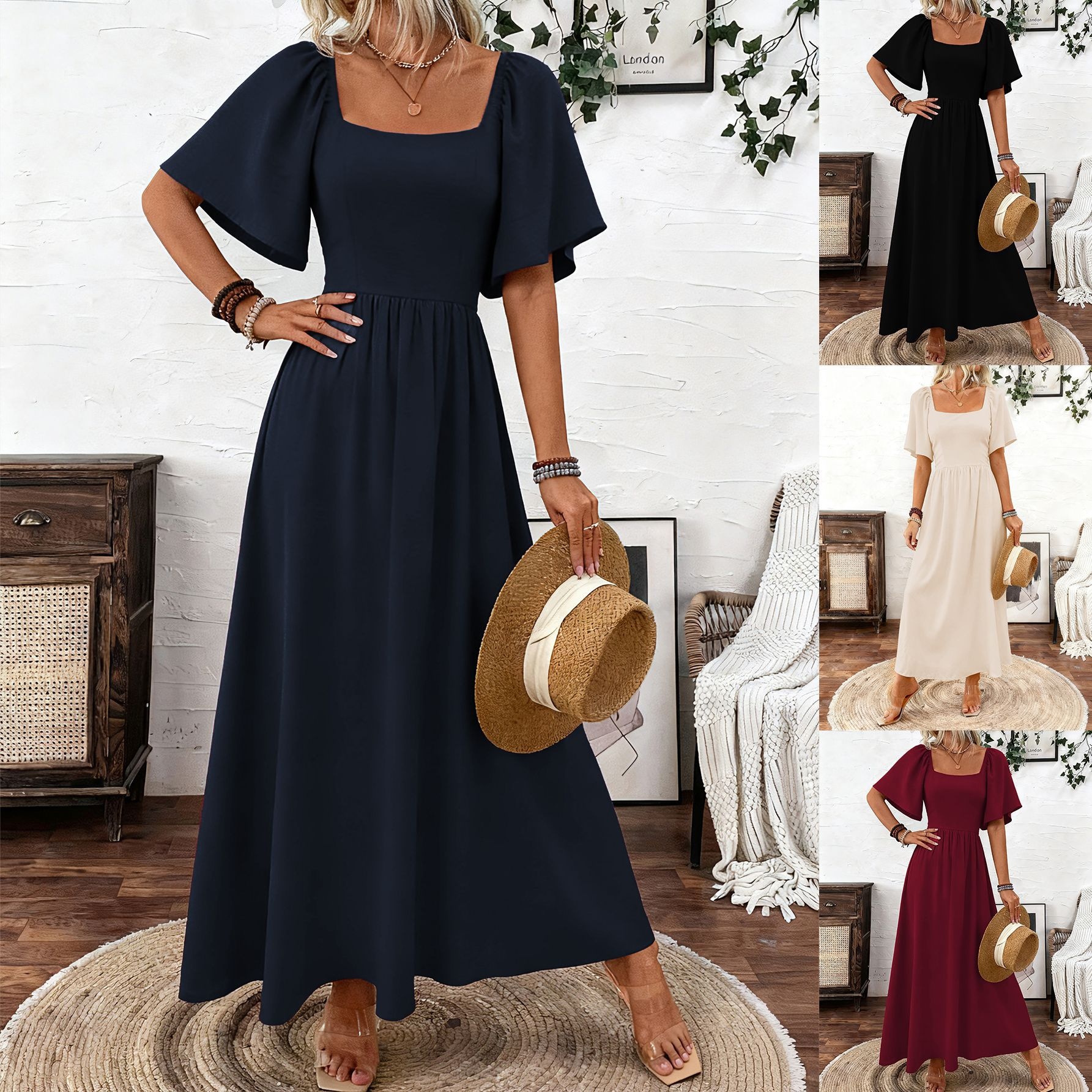 Elegant And Sophisticated Square-neck Dress With Ruffled Sleeves