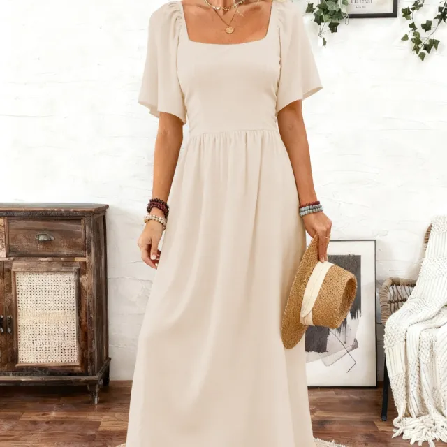 Elegant And Sophisticated Square neck Dress With Ruffled Sleeves Cream - Shop at LoveMi