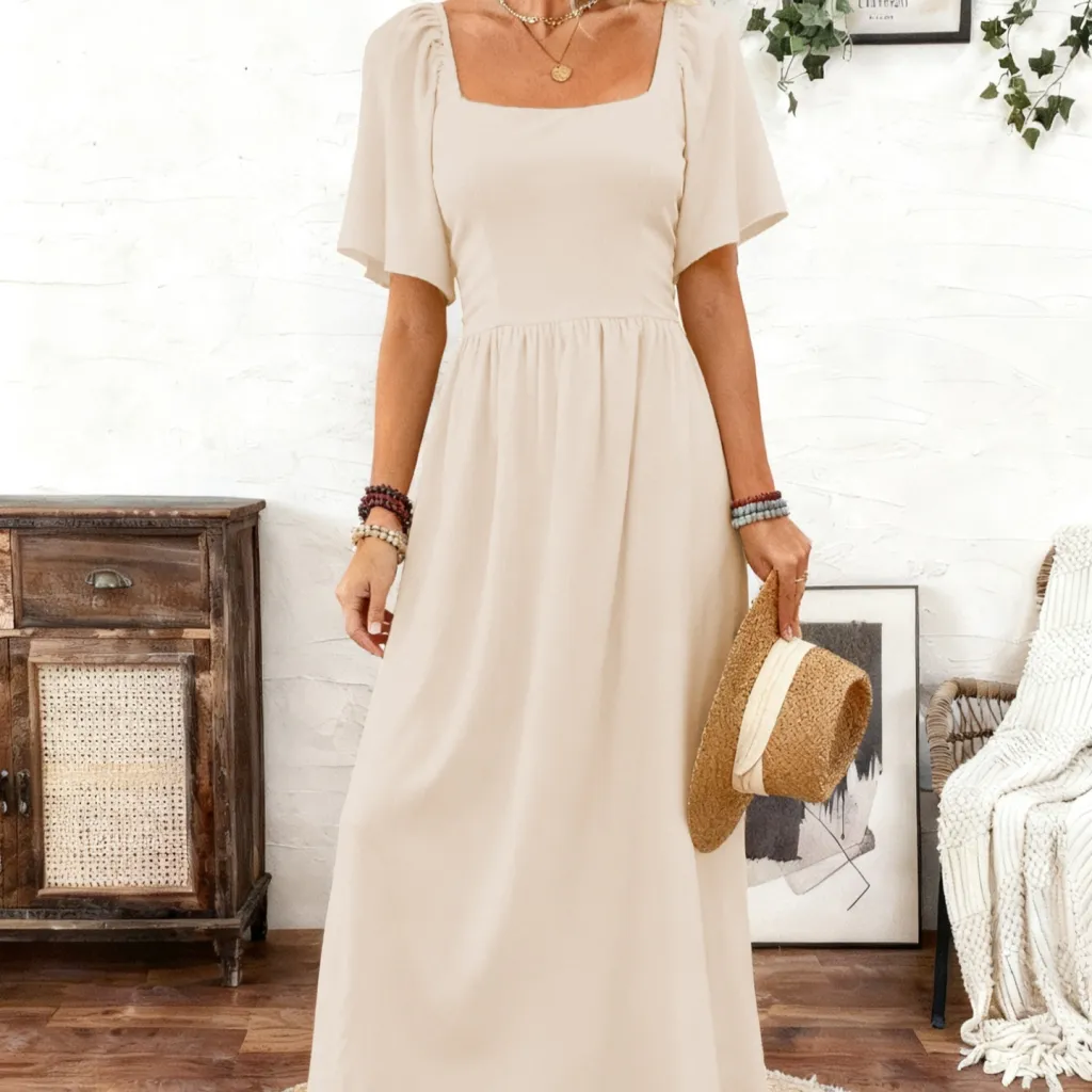 Elegant And Sophisticated Square-neck Dress With Ruffled Sleeves - Cream