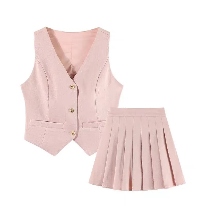 Summer Fashion High Waisted Cropped Skirt Set - Pink