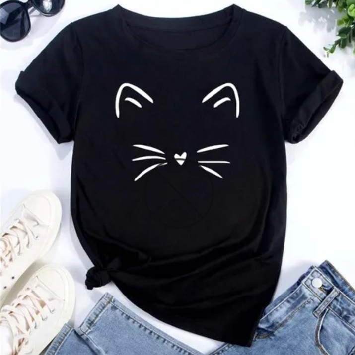 Womens Heart-Shaped Cat Crew-Neck Printed Short-Sleeve Top