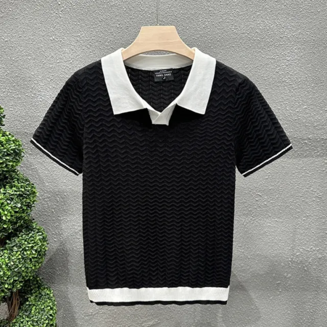 Mens Collarless Ice Silk Contrast Knit Sweater Black - Shop at LoveMi