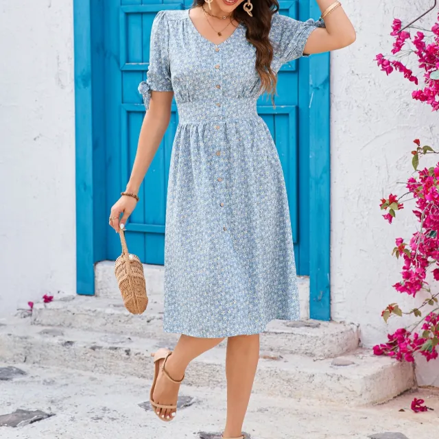 Floral V neck Puff Sleeve Bow Trimmed Half Buttoned Waist Cinched Dress Blue - Shop at LoveMi