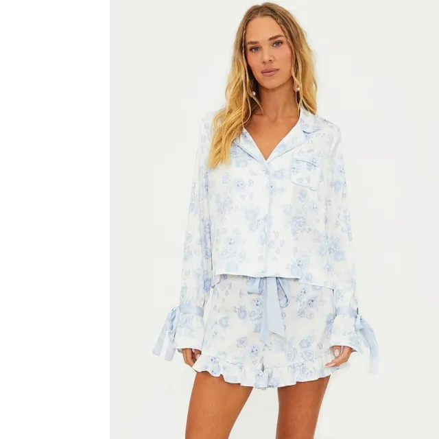 Loose Fitting Loungewear Set With Long Sleeves And Shorts Blue - Shop at LoveMi