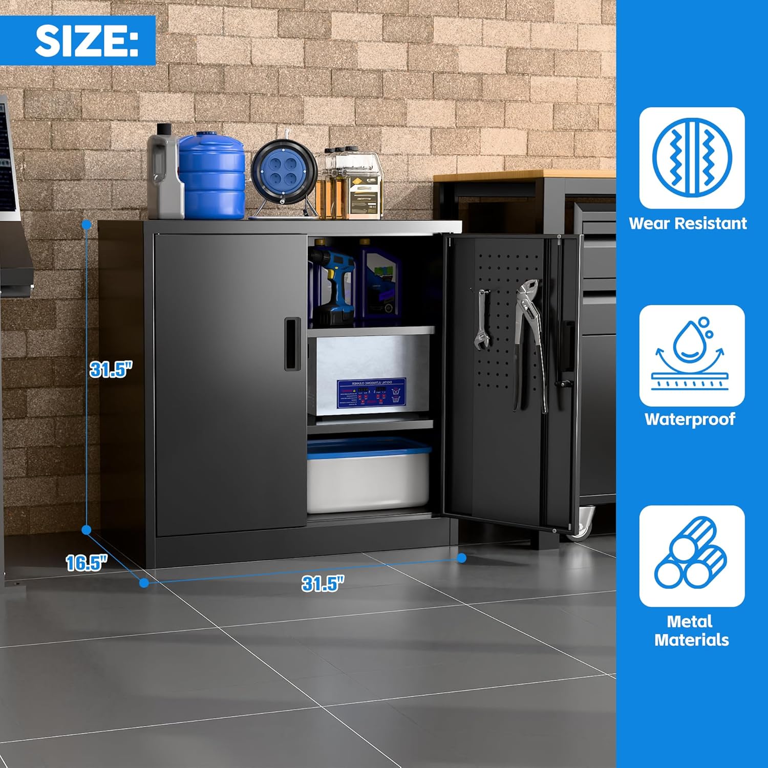 Metal Storage Cabinet With Pegboard  Lockable Rolling Steel Storage Cabinet