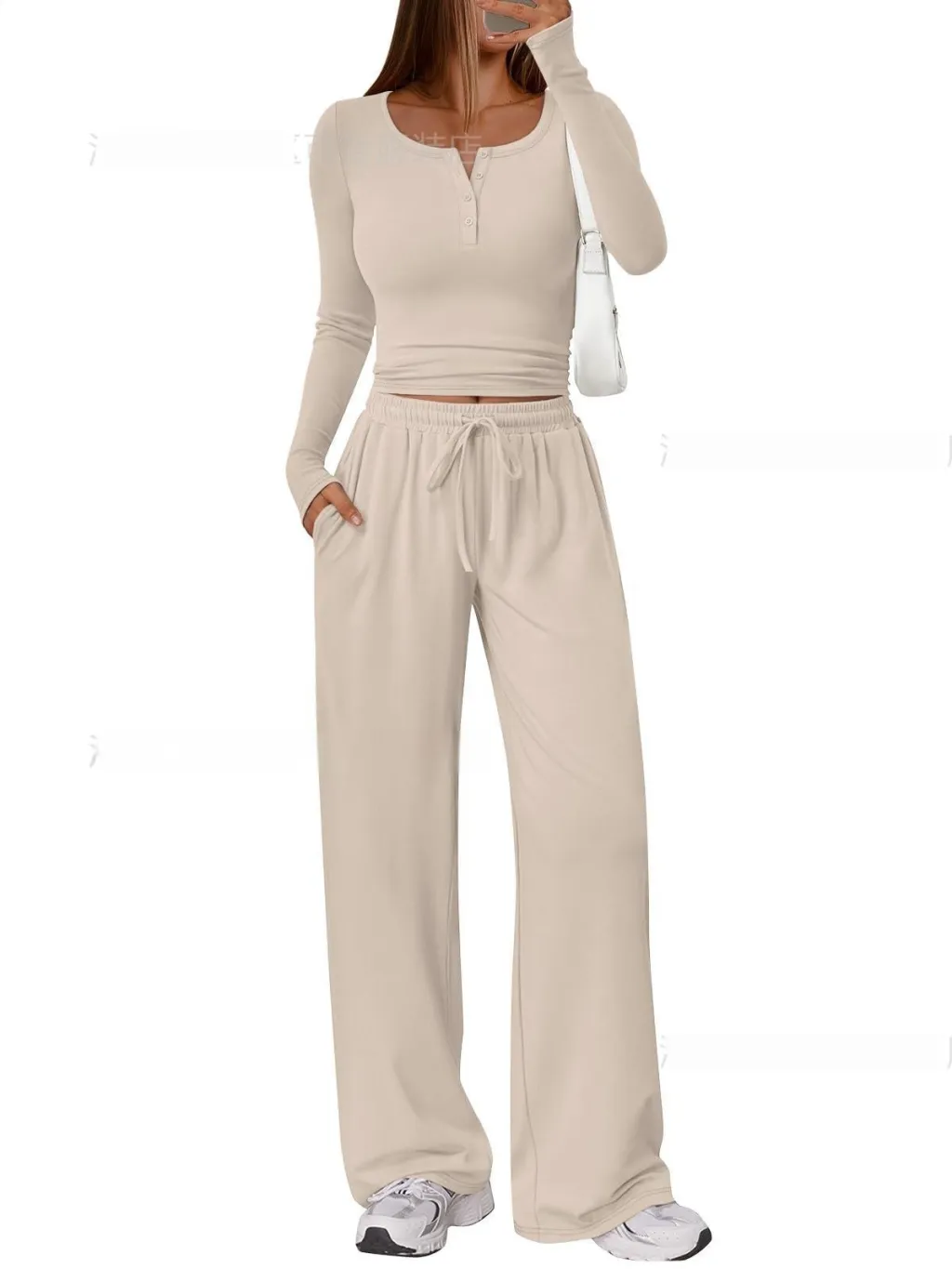 Comfortable Casual Long-sleeve Wide-leg Pants Set For Sports - Apricot
