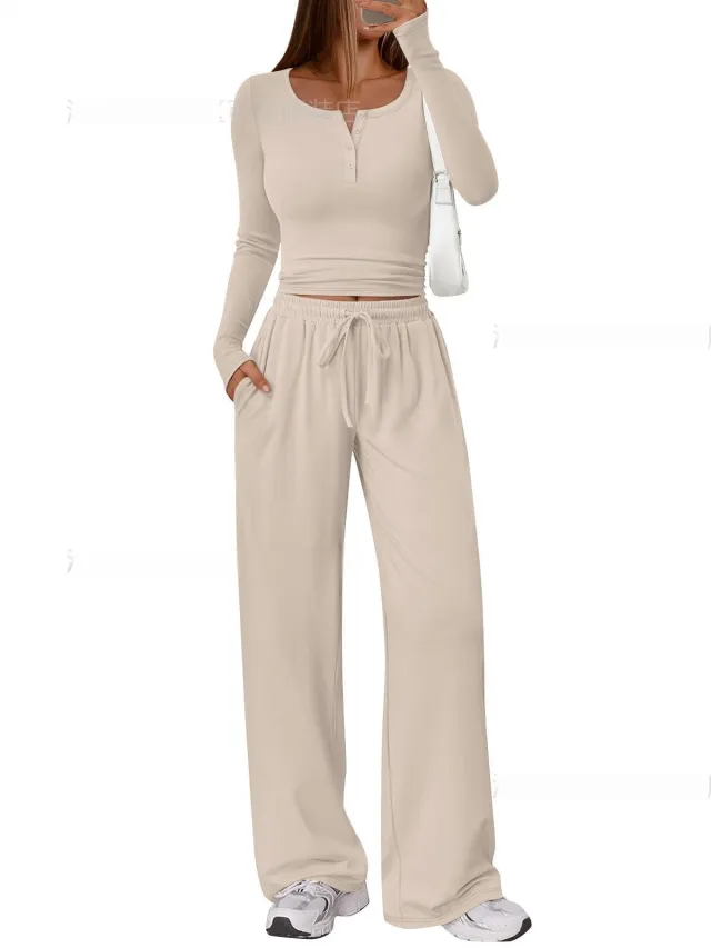 Comfortable Casual Long sleeve Wide leg Pants Set For Sports Apricot - Shop at LoveMi