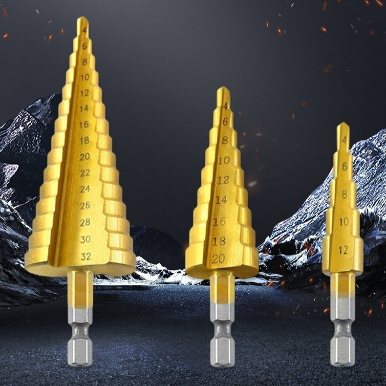 Hardware Drill Bits With Straight Flutes, Bagged In A Three-piece Step Drill Set