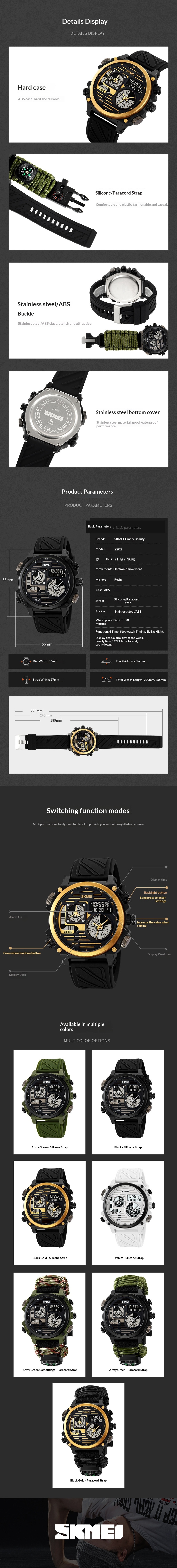 Skmei 2202 Outdoor Exploration Multi-Function Waterproof Silicone Paracord Watch for Men